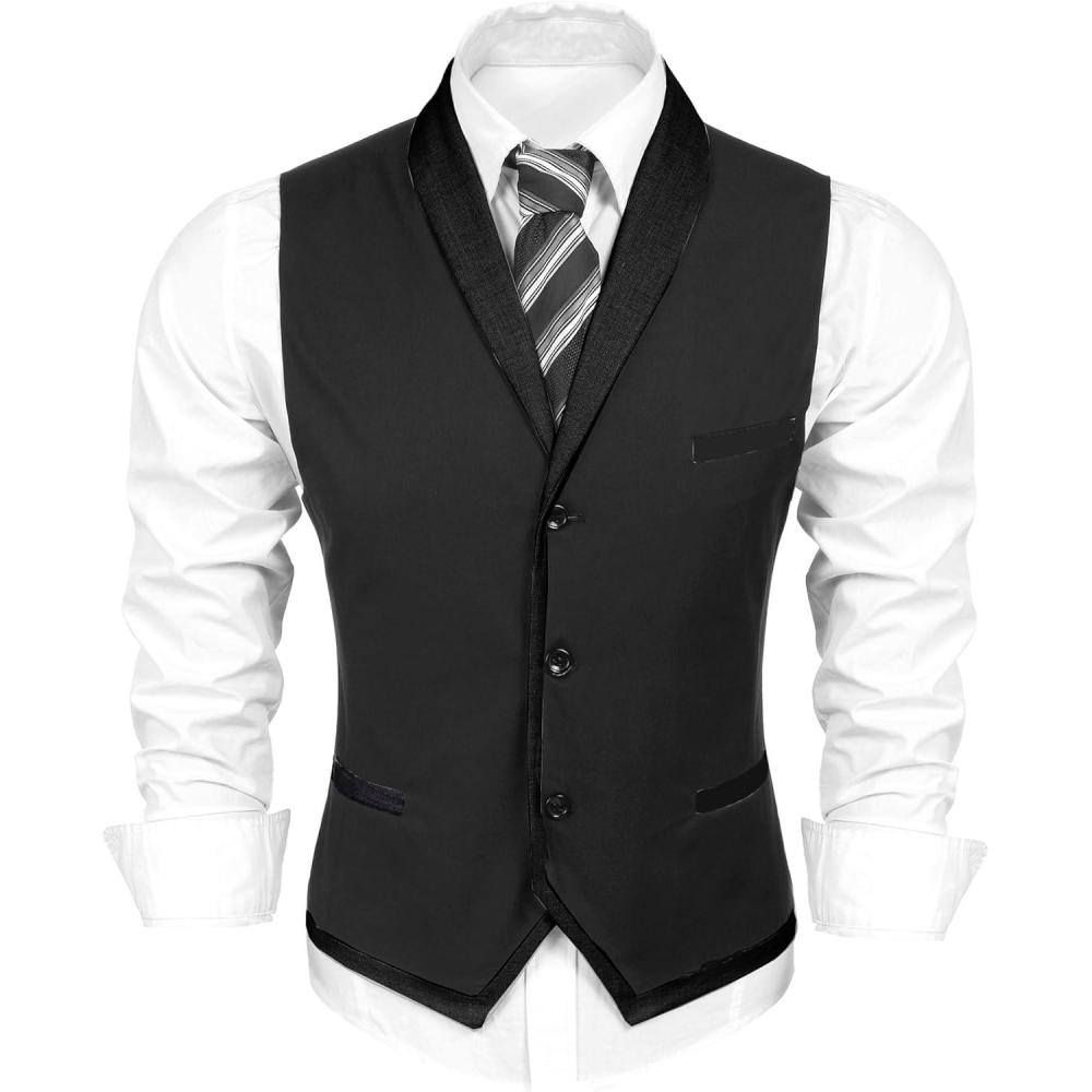 imageCOOFANDY Mens Suit Vest Slim Fit Formal Business Dress Vest Casual Wedding WaistcoatPure Black