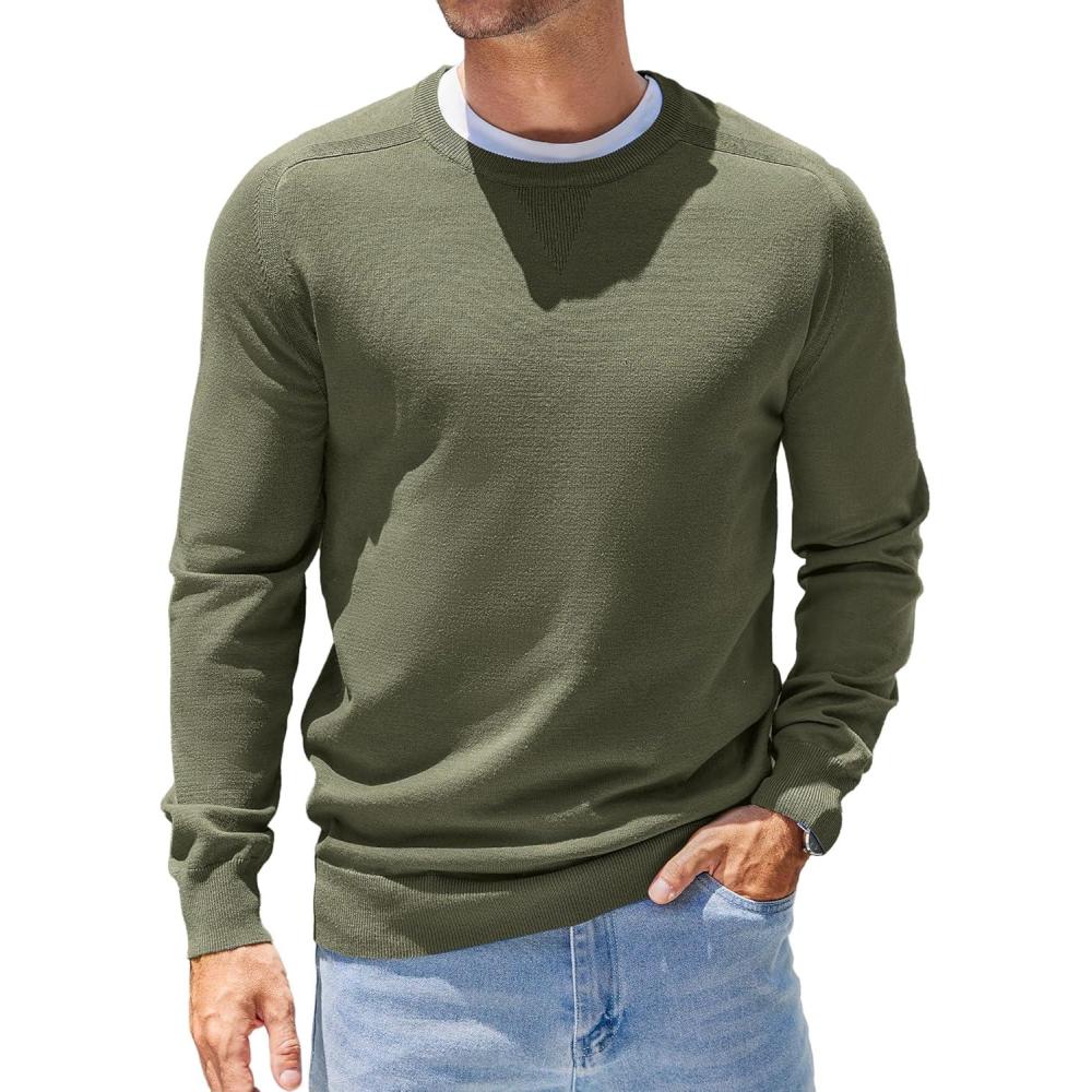 imageCOOFANDY Mens Sweater Crewneck Pullover Long Sleeve Lightweight Sweater Plain Knit Silm FitArmy Green