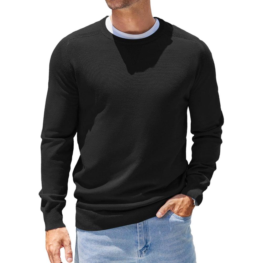 imageCOOFANDY Mens Sweater Crewneck Pullover Long Sleeve Lightweight Sweater Plain Knit Silm FitBlack
