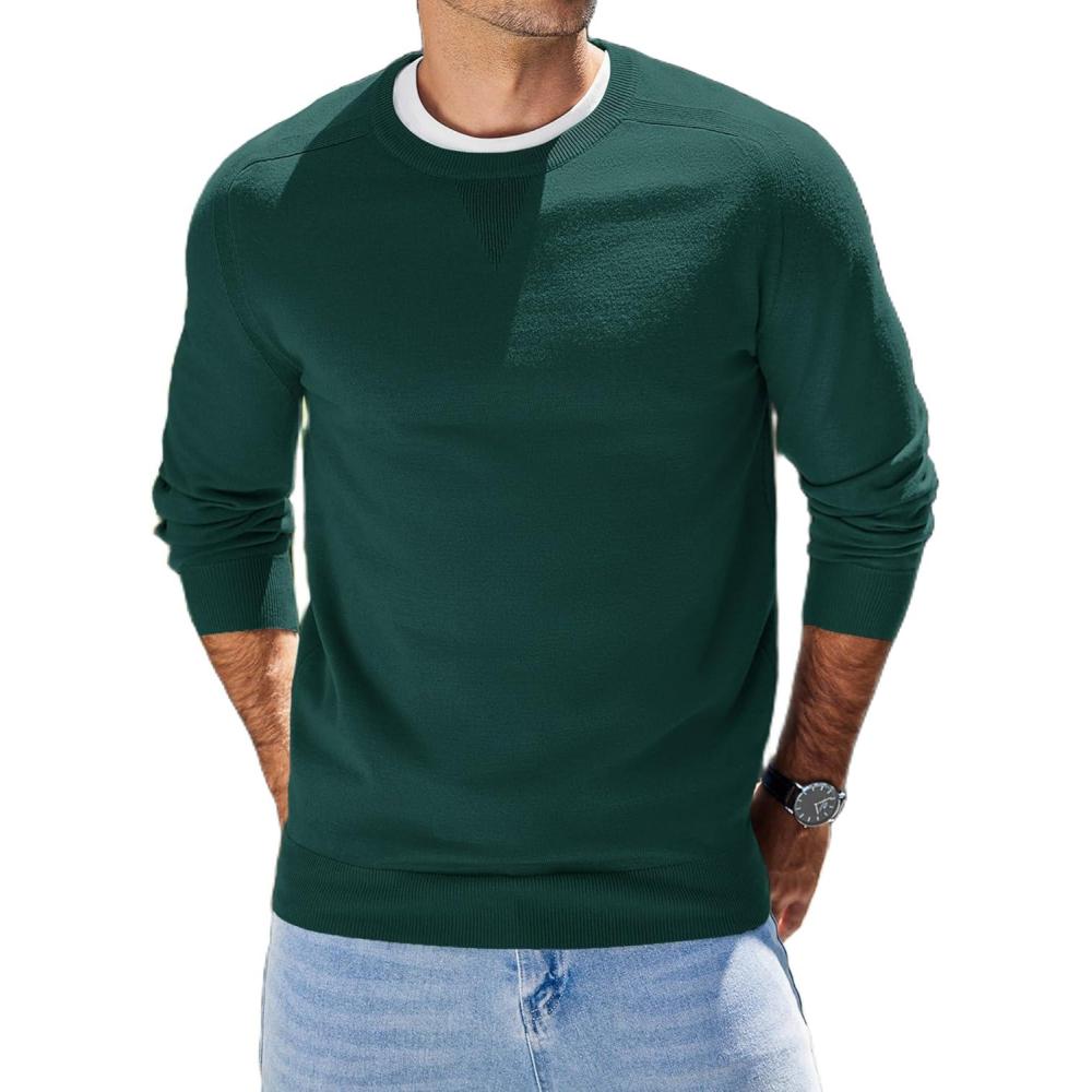imageCOOFANDY Mens Sweater Crewneck Pullover Long Sleeve Lightweight Sweater Plain Knit Silm FitBright Green
