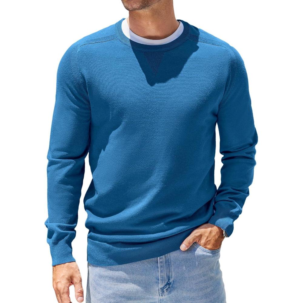imageCOOFANDY Mens Sweater Crewneck Pullover Long Sleeve Lightweight Sweater Plain Knit Silm FitDark Blue