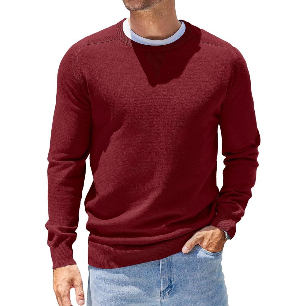 imageCOOFANDY Mens Sweater Crewneck Pullover Long Sleeve Lightweight Sweater Plain Knit Silm FitDark Red