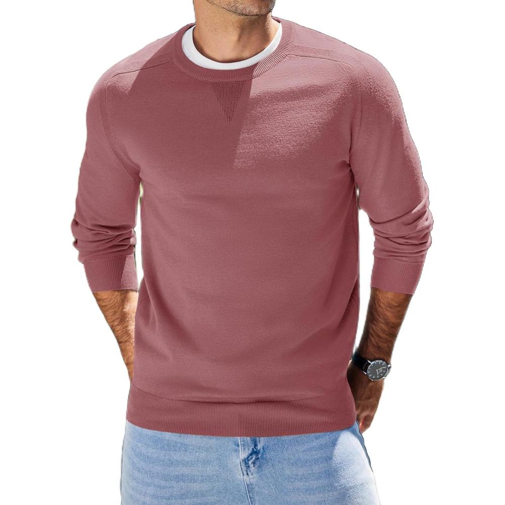 imageCOOFANDY Mens Sweater Crewneck Pullover Long Sleeve Lightweight Sweater Plain Knit Silm FitDusty Pink