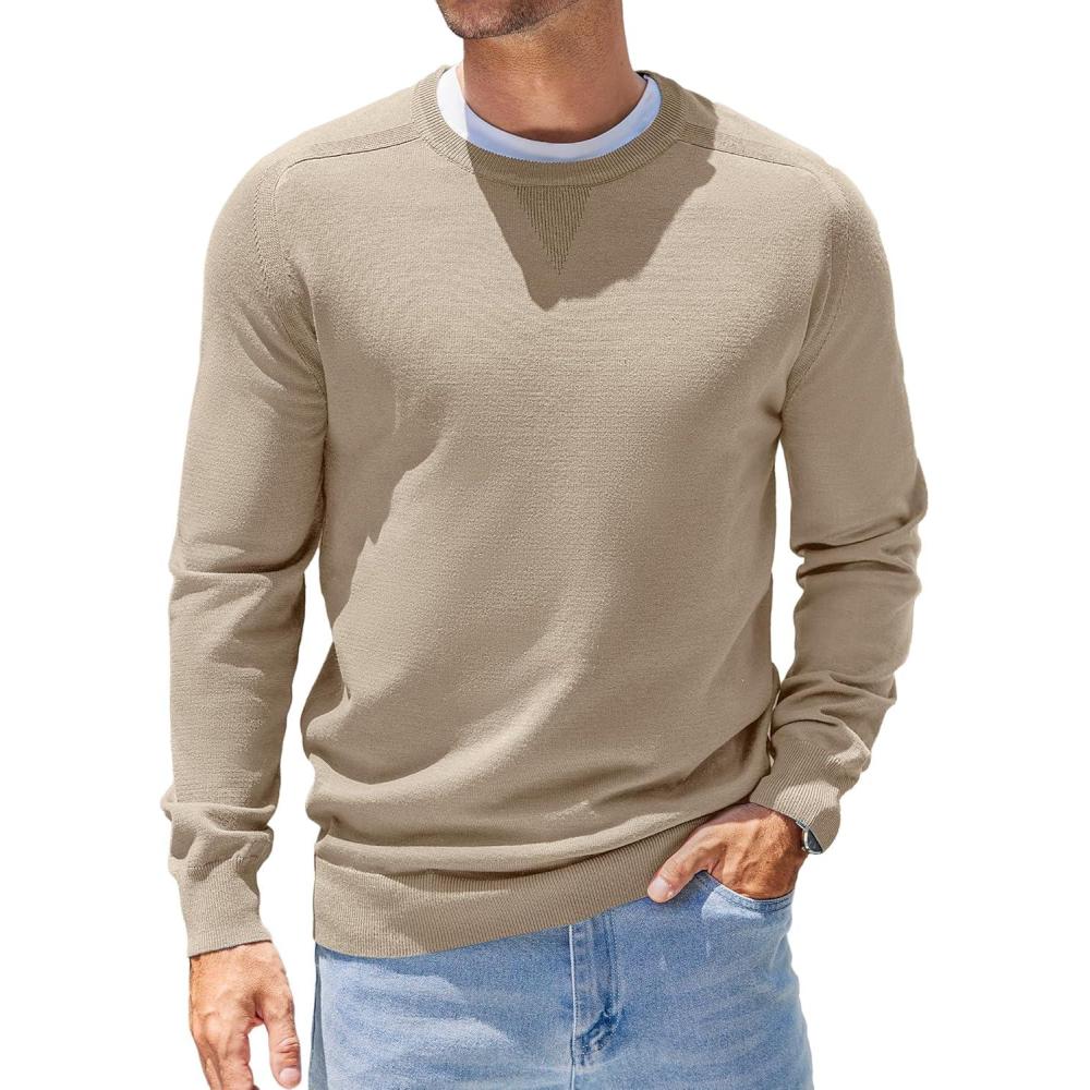 imageCOOFANDY Mens Sweater Crewneck Pullover Long Sleeve Lightweight Sweater Plain Knit Silm FitKhaki