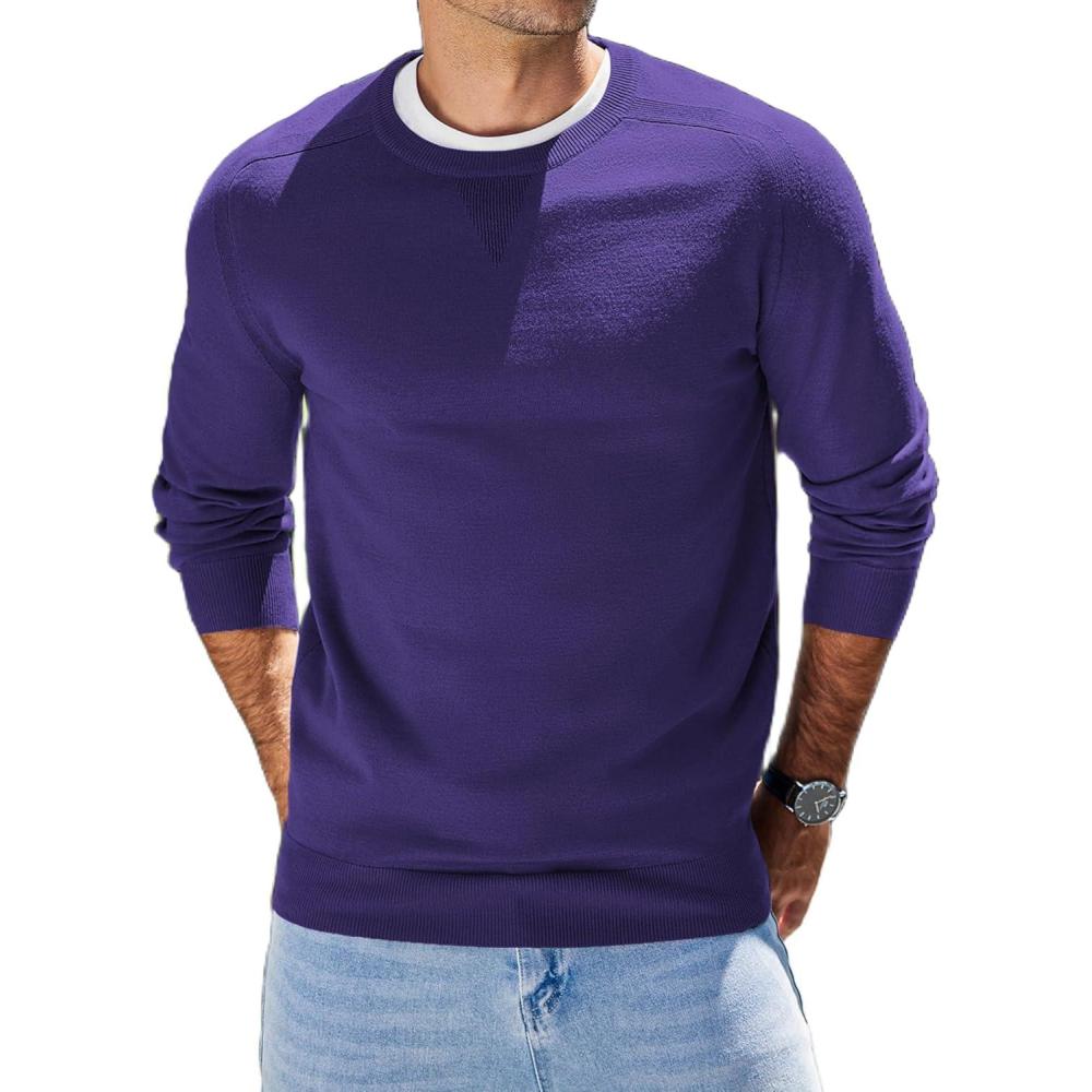 imageCOOFANDY Mens Sweater Crewneck Pullover Long Sleeve Lightweight Sweater Plain Knit Silm FitPurple