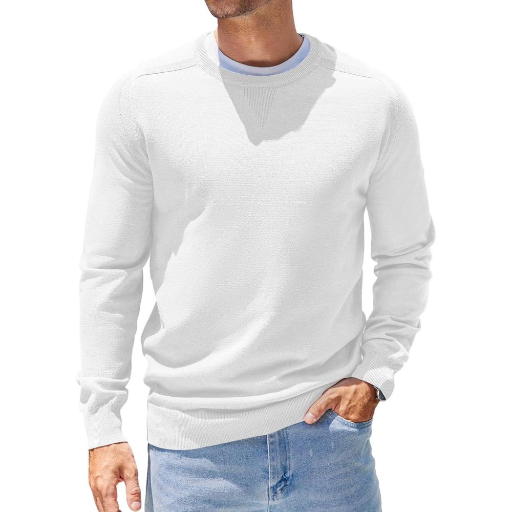 imageCOOFANDY Mens Sweater Crewneck Pullover Long Sleeve Lightweight Sweater Plain Knit Silm FitWhite