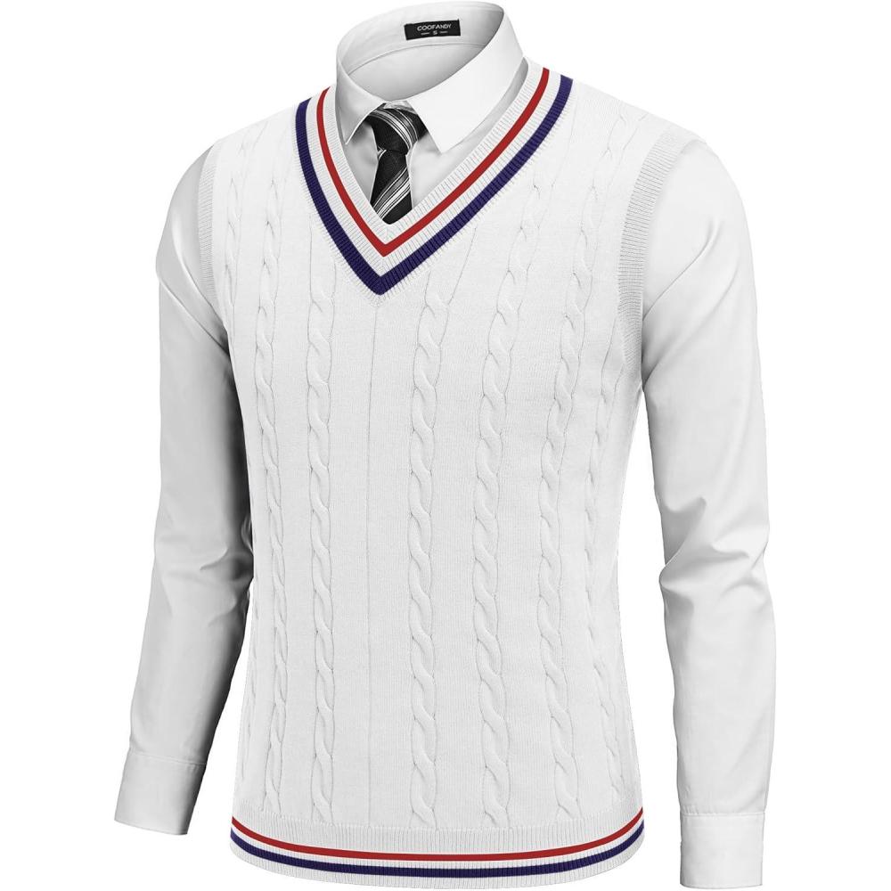 imageCOOFANDY Mens Sweater Vest V Neck Casual Sleeveless Pullover Striped Cable Knit Sweater VestAll White
