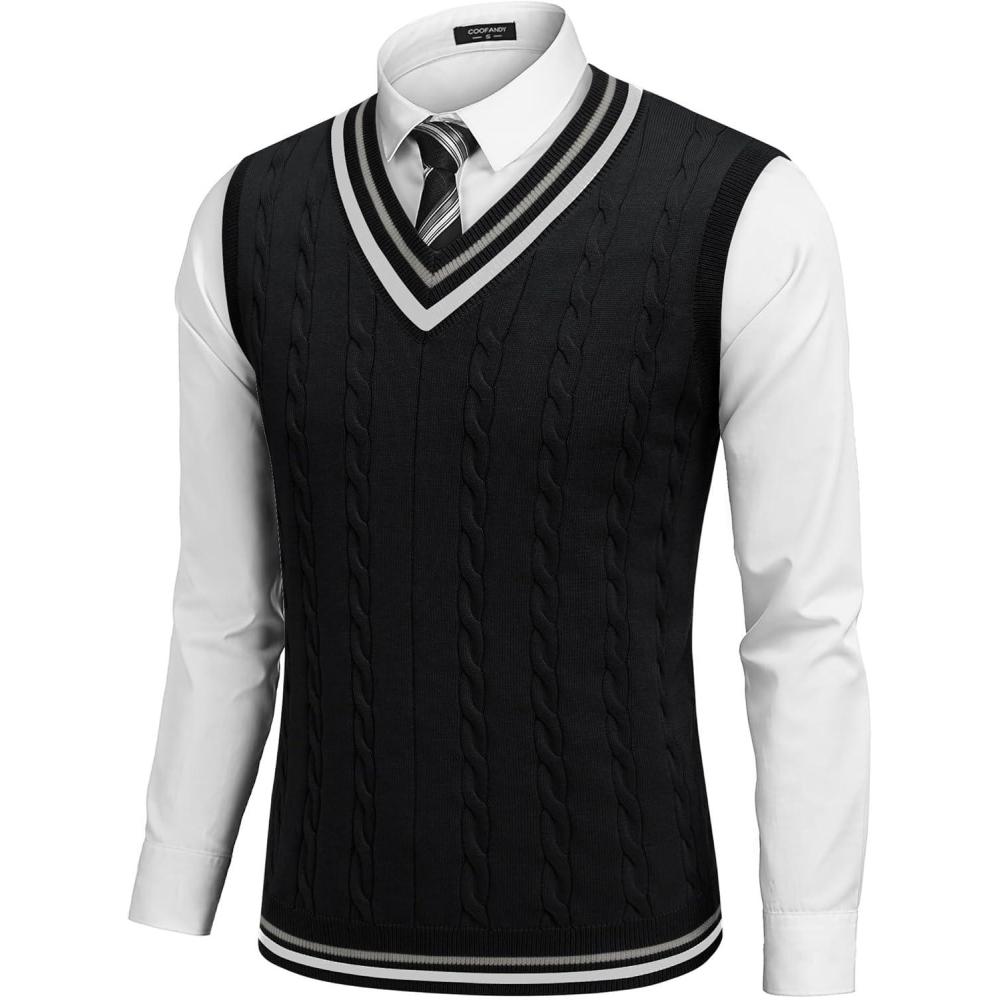 imageCOOFANDY Mens Sweater Vest V Neck Casual Sleeveless Pullover Striped Cable Knit Sweater VestBlack