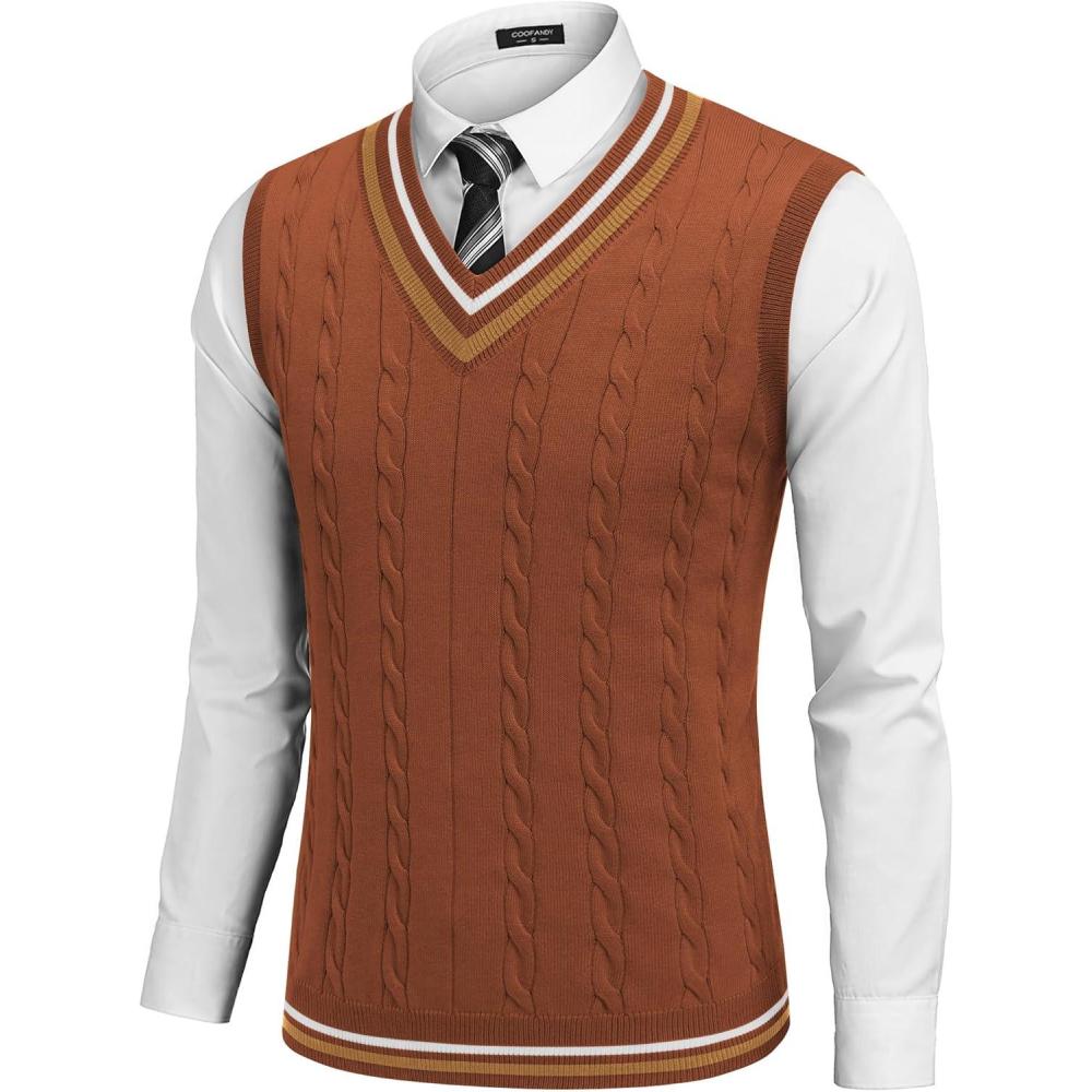 imageCOOFANDY Mens Sweater Vest V Neck Casual Sleeveless Pullover Striped Cable Knit Sweater VestCaramel