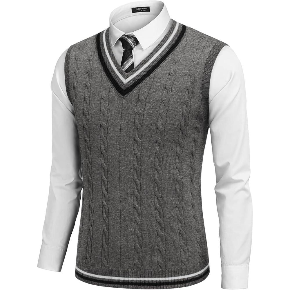 imageCOOFANDY Mens Sweater Vest V Neck Casual Sleeveless Pullover Striped Cable Knit Sweater VestDark Grey