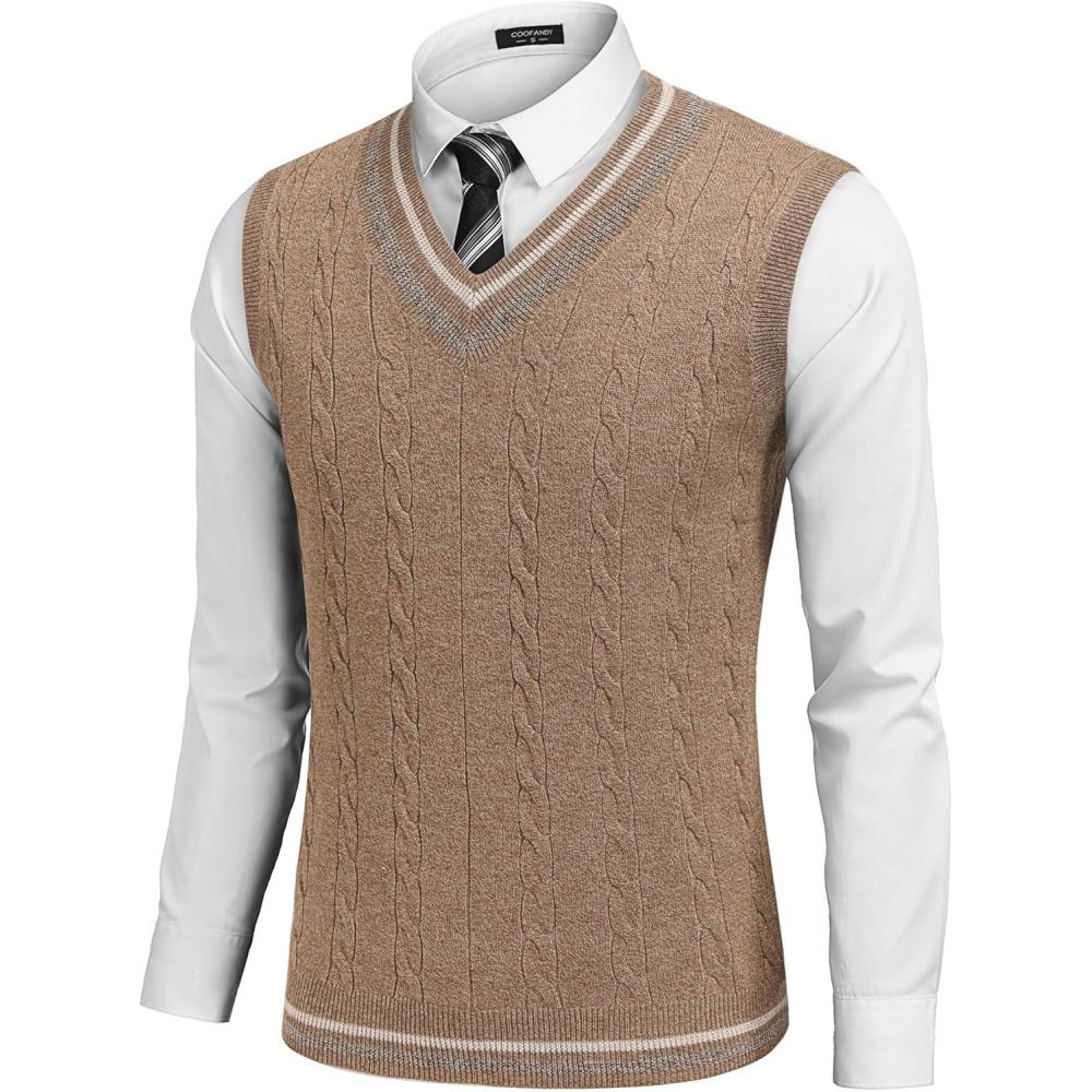 imageCOOFANDY Mens Sweater Vest V Neck Casual Sleeveless Pullover Striped Cable Knit Sweater VestDark Khaki