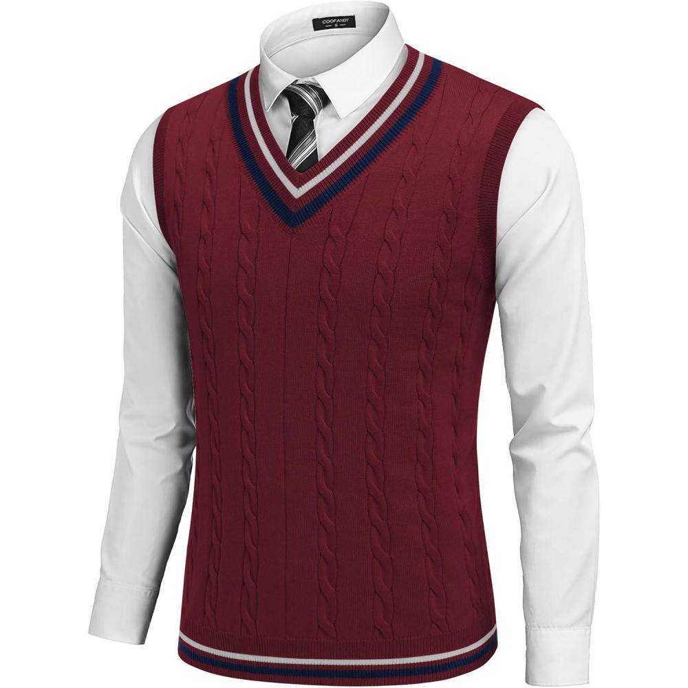 imageCOOFANDY Mens Sweater Vest V Neck Casual Sleeveless Pullover Striped Cable Knit Sweater VestDark Red