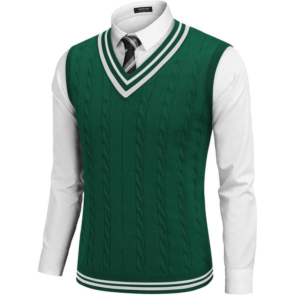 imageCOOFANDY Mens Sweater Vest V Neck Casual Sleeveless Pullover Striped Cable Knit Sweater VestGreen  White Stripe