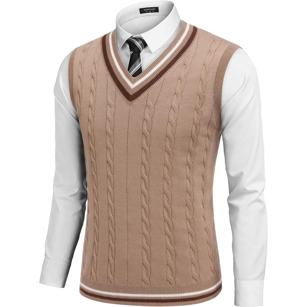 imageCOOFANDY Mens Sweater Vest V Neck Casual Sleeveless Pullover Striped Cable Knit Sweater VestKhaki