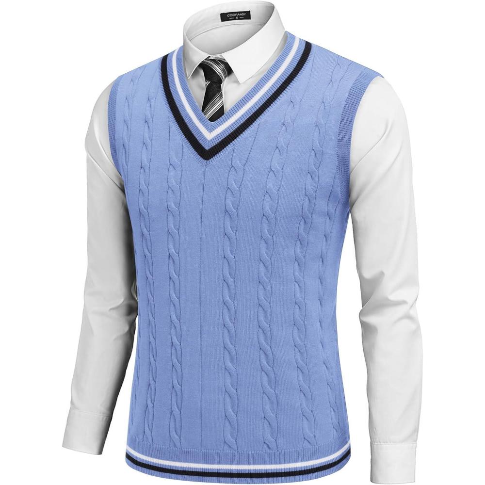 imageCOOFANDY Mens Sweater Vest V Neck Casual Sleeveless Pullover Striped Cable Knit Sweater VestLight Blue