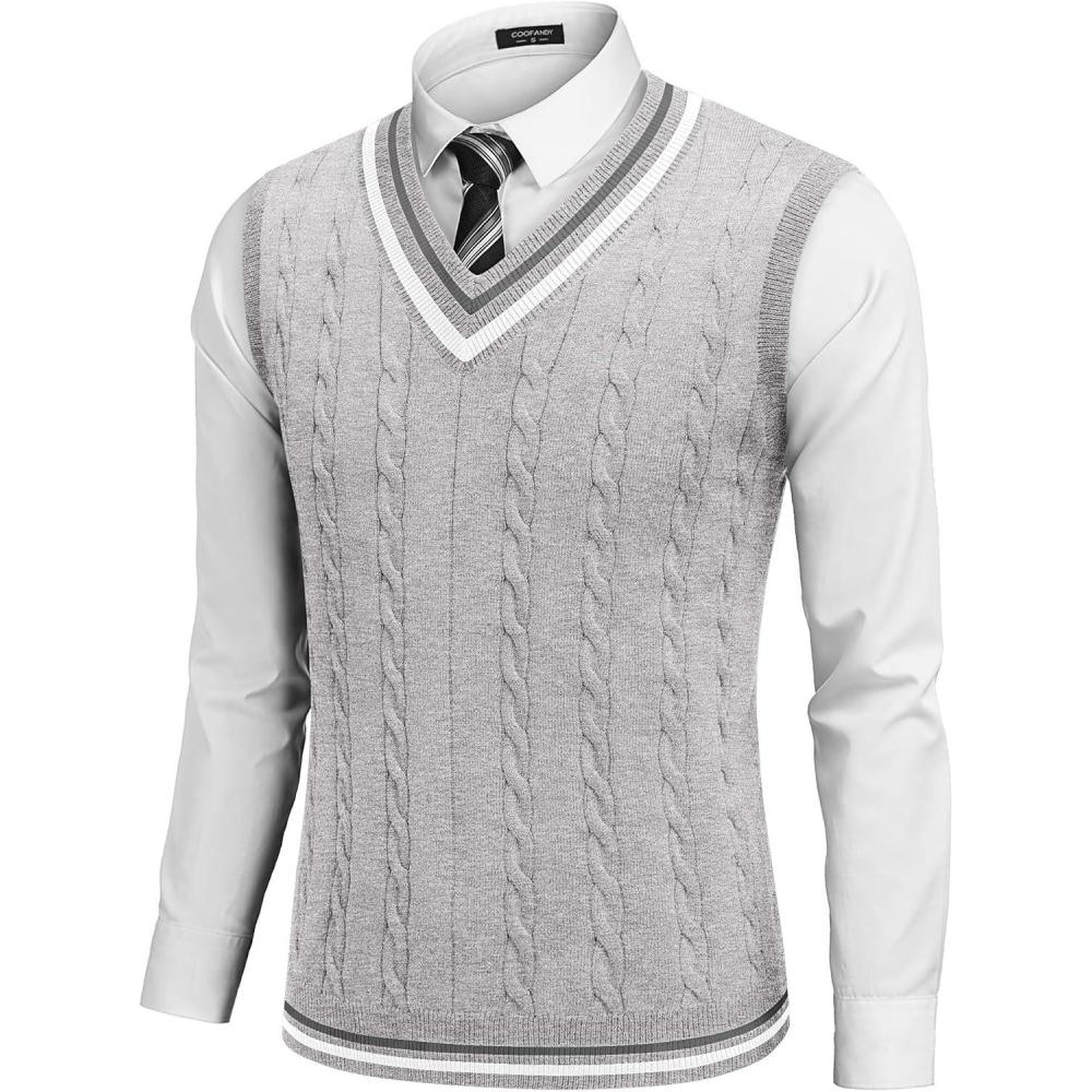 imageCOOFANDY Mens Sweater Vest V Neck Casual Sleeveless Pullover Striped Cable Knit Sweater VestLight Grey