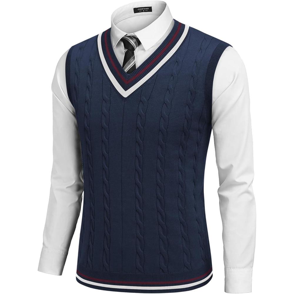 imageCOOFANDY Mens Sweater Vest V Neck Casual Sleeveless Pullover Striped Cable Knit Sweater VestRed  Wihte Stripe