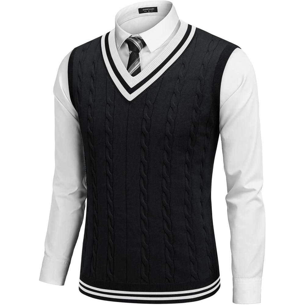 imageCOOFANDY Mens Sweater Vest V Neck Casual Sleeveless Pullover Striped Cable Knit Sweater VestWhite Stripe