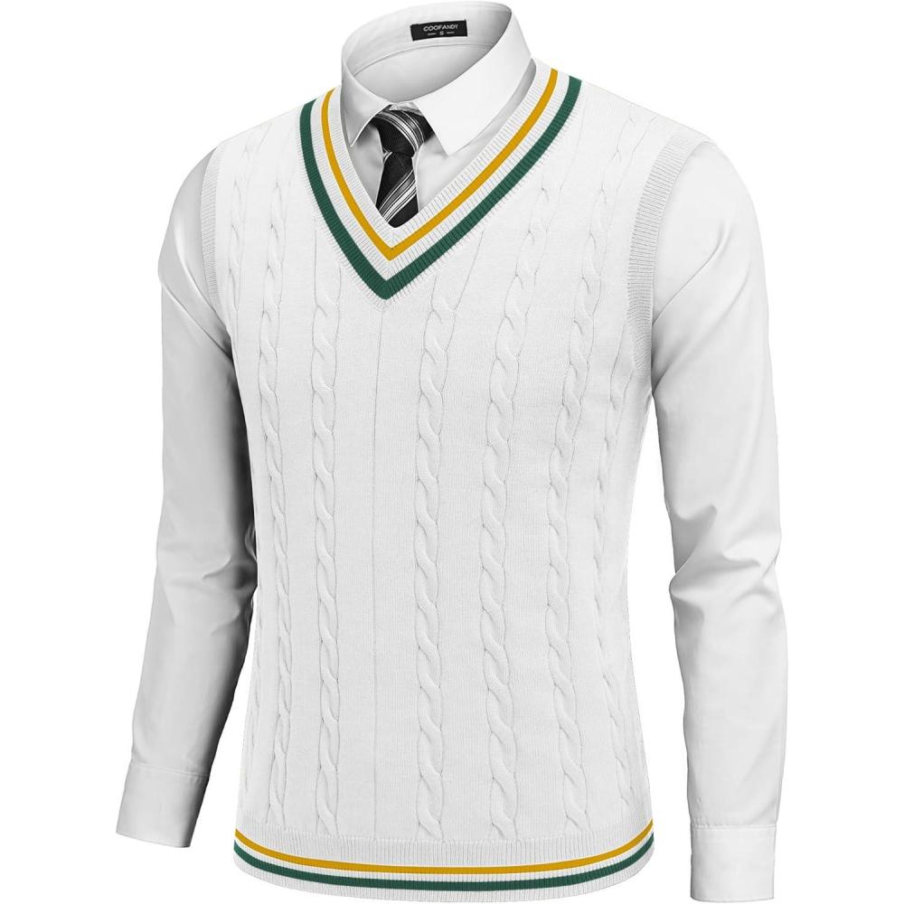 imageCOOFANDY Mens Sweater Vest V Neck Casual Sleeveless Pullover Striped Cable Knit Sweater VestYellow  Green Stripe