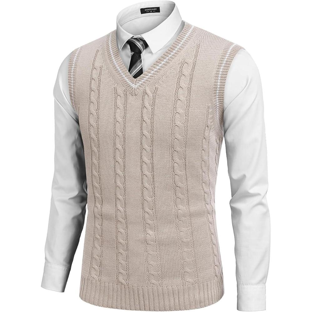 imageCOOFANDY Mens Sweater Vest V Neck Slim Fit Casual Sleeveless Twisted Knitted Pullover SweaterBeigeWhite Twotone Colors