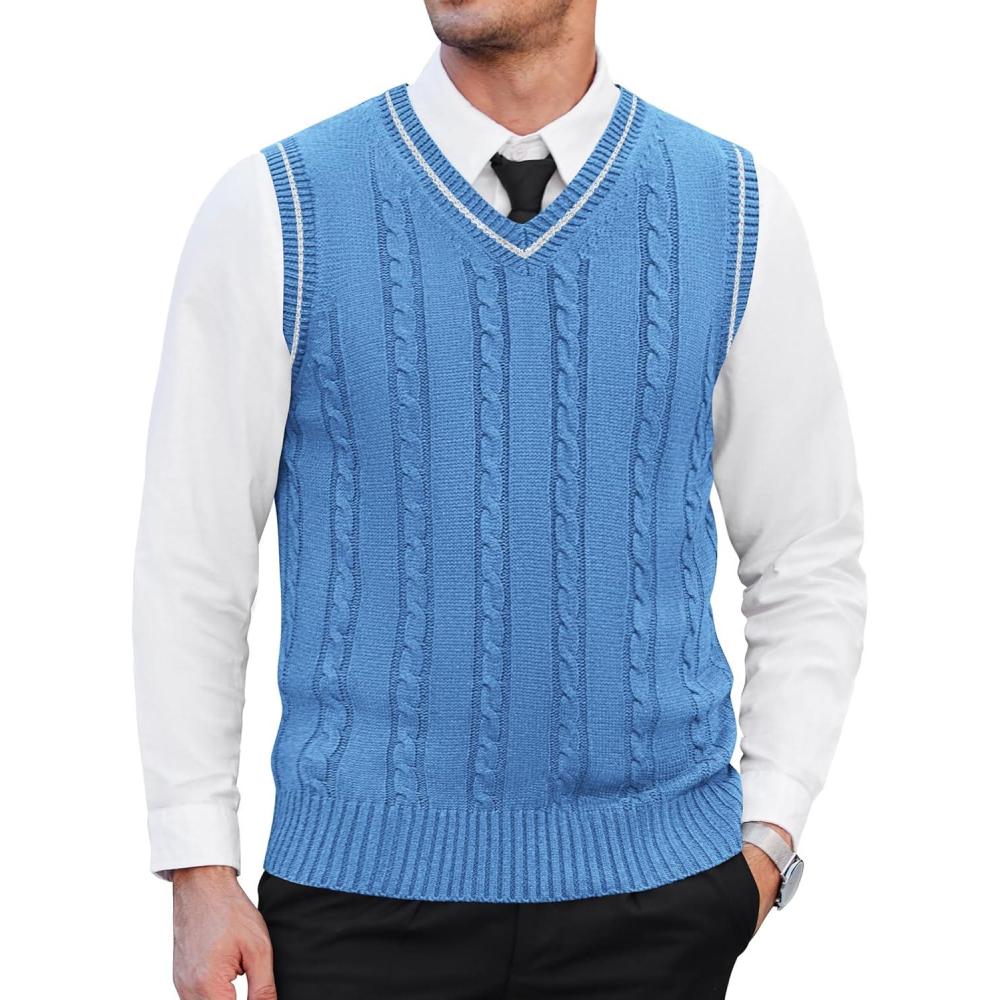 imageCOOFANDY Mens Sweater Vest V Neck Slim Fit Casual Sleeveless Twisted Knitted Pullover SweaterBlue