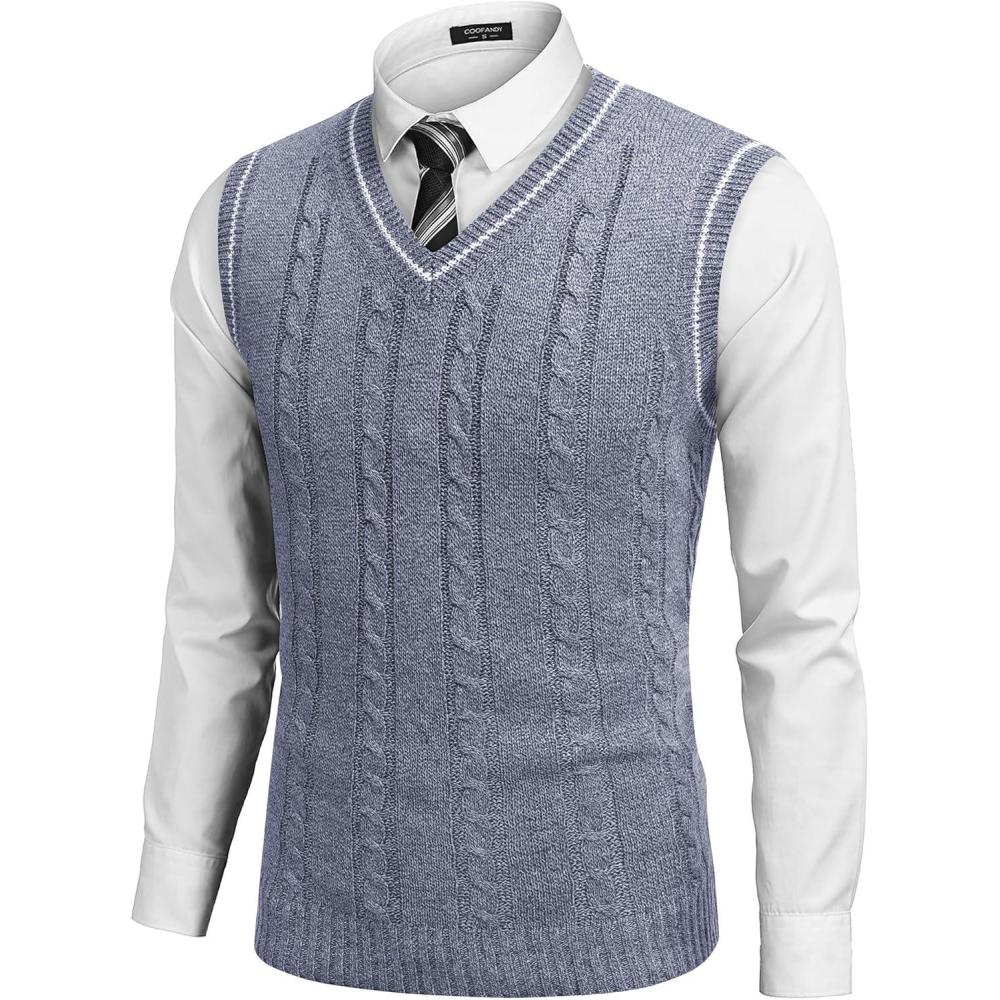 imageCOOFANDY Mens Sweater Vest V Neck Slim Fit Casual Sleeveless Twisted Knitted Pullover SweaterBlueWhite Twotone Colors