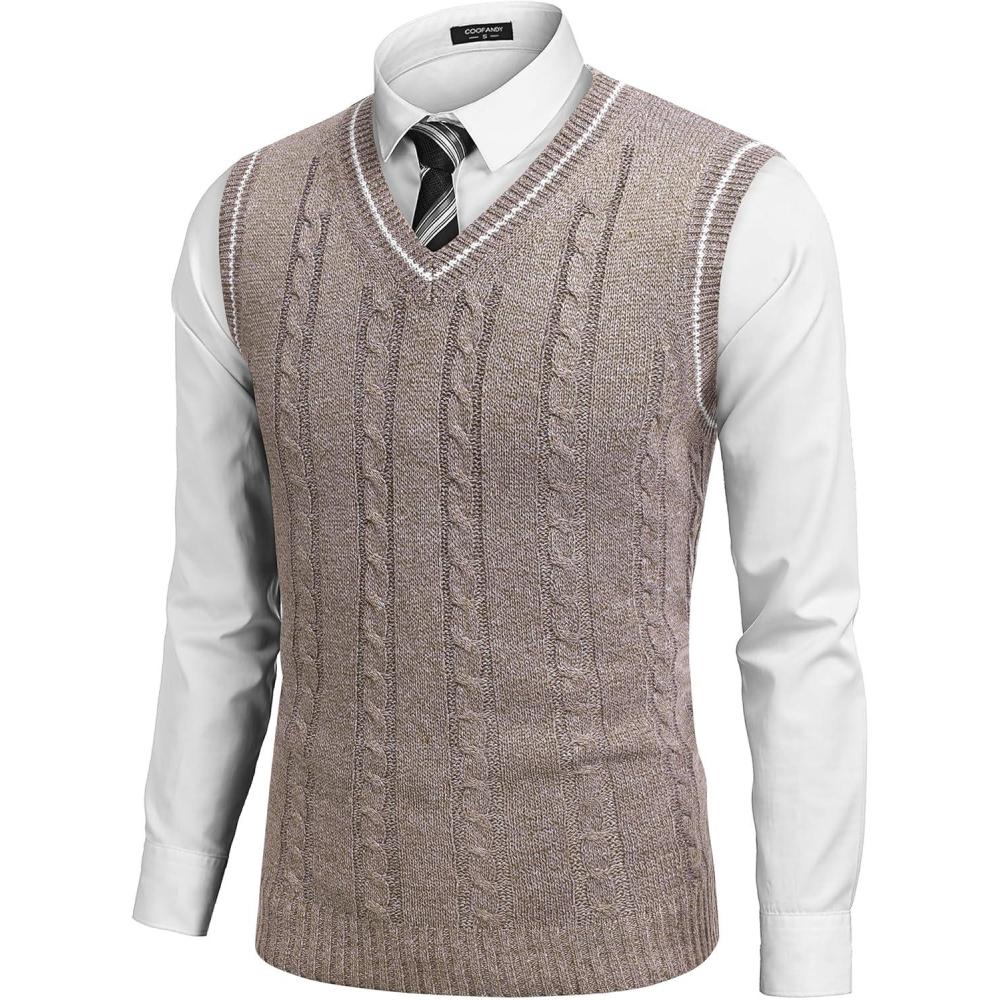 imageCOOFANDY Mens Sweater Vest V Neck Slim Fit Casual Sleeveless Twisted Knitted Pullover SweaterBrownWhite Two Tone Colors