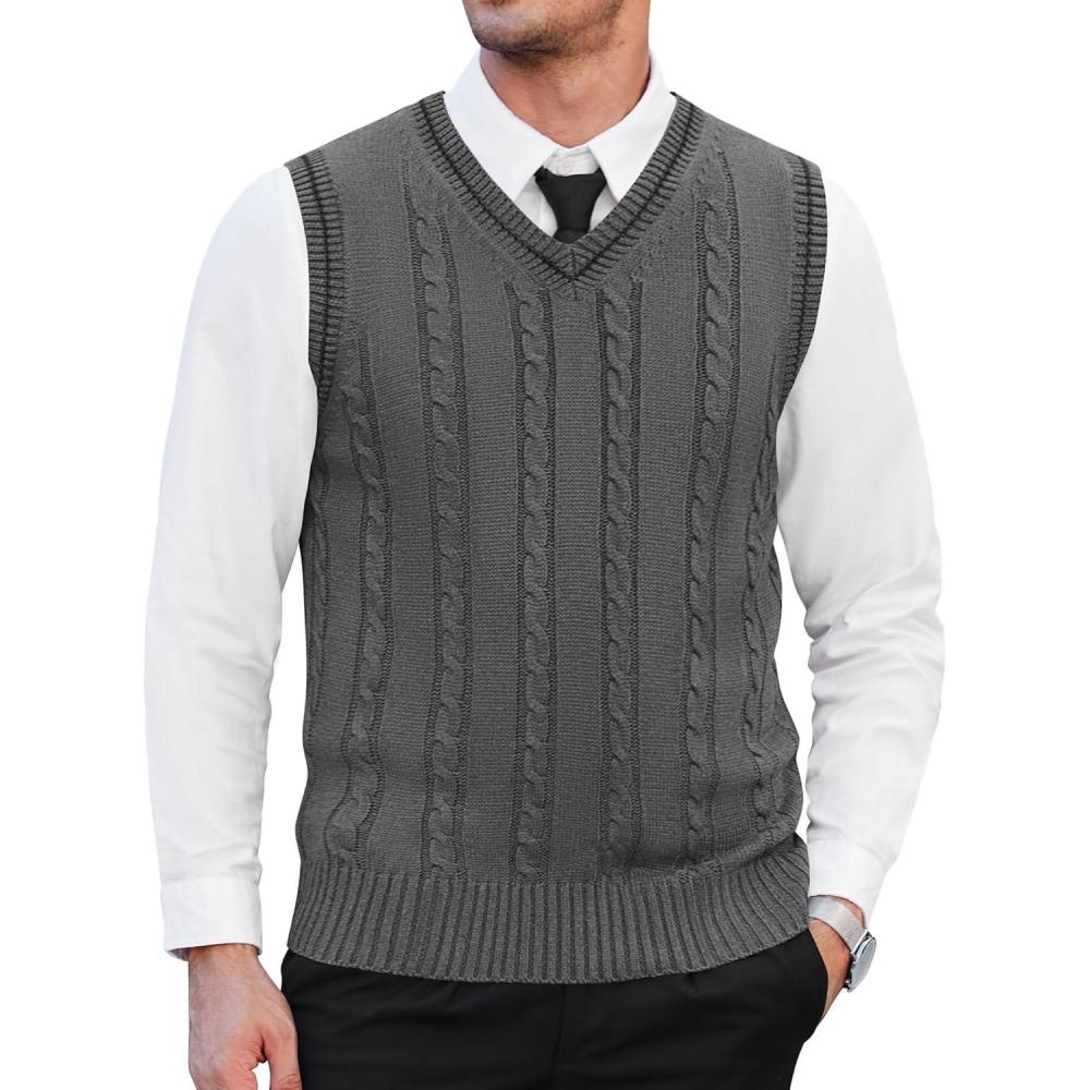 imageCOOFANDY Mens Sweater Vest V Neck Slim Fit Casual Sleeveless Twisted Knitted Pullover SweaterDark Grey