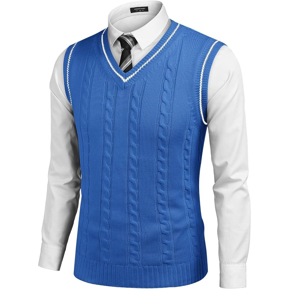 imageCOOFANDY Mens Sweater Vest V Neck Slim Fit Casual Sleeveless Twisted Knitted Pullover SweaterDenim Blue