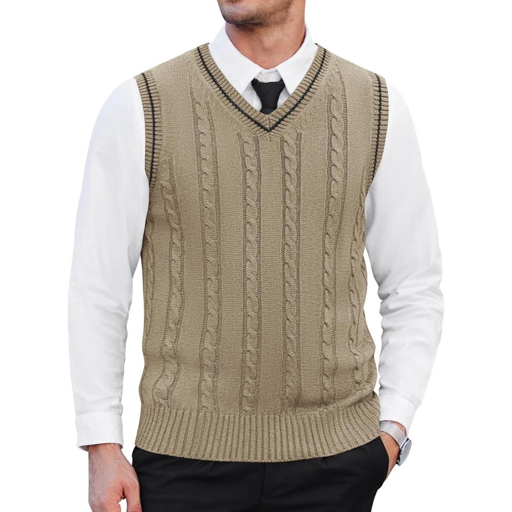 imageCOOFANDY Mens Sweater Vest V Neck Slim Fit Casual Sleeveless Twisted Knitted Pullover SweaterKhaki