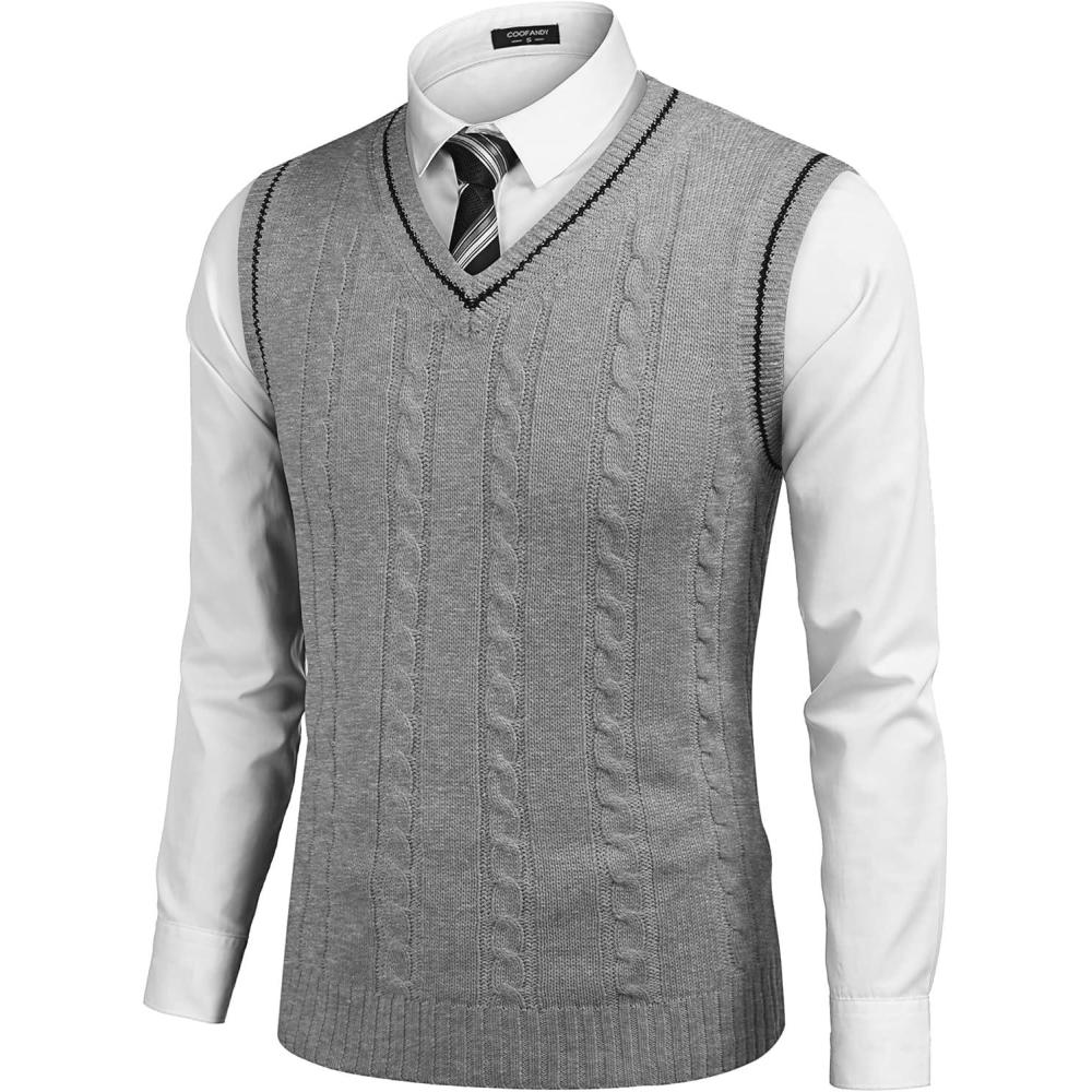 imageCOOFANDY Mens Sweater Vest V Neck Slim Fit Casual Sleeveless Twisted Knitted Pullover SweaterLight Grey