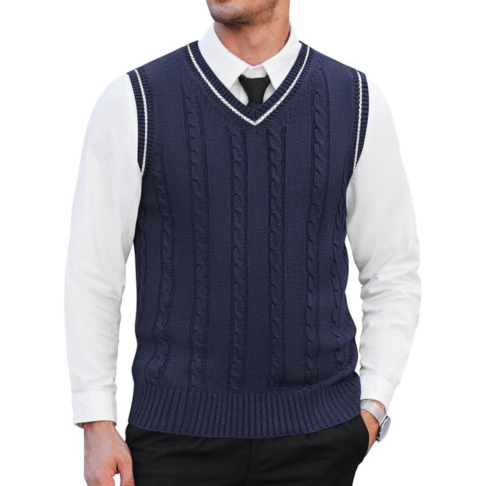 imageCOOFANDY Mens Sweater Vest V Neck Slim Fit Casual Sleeveless Twisted Knitted Pullover SweaterNavy Blue