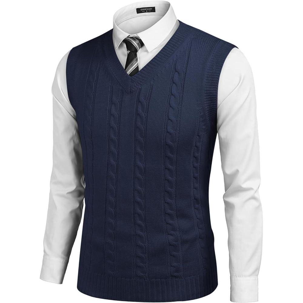 imageCOOFANDY Mens Sweater Vest V Neck Slim Fit Casual Sleeveless Twisted Knitted Pullover SweaterSolid Navy Blue