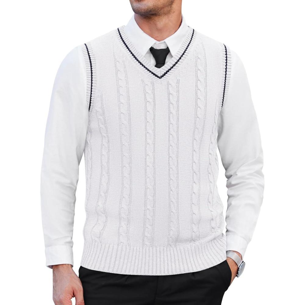 imageCOOFANDY Mens Sweater Vest V Neck Slim Fit Casual Sleeveless Twisted Knitted Pullover SweaterWhite