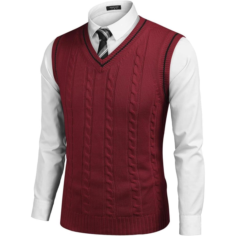 imageCOOFANDY Mens Sweater Vest V Neck Slim Fit Casual Sleeveless Twisted Knitted Pullover SweaterWine Red