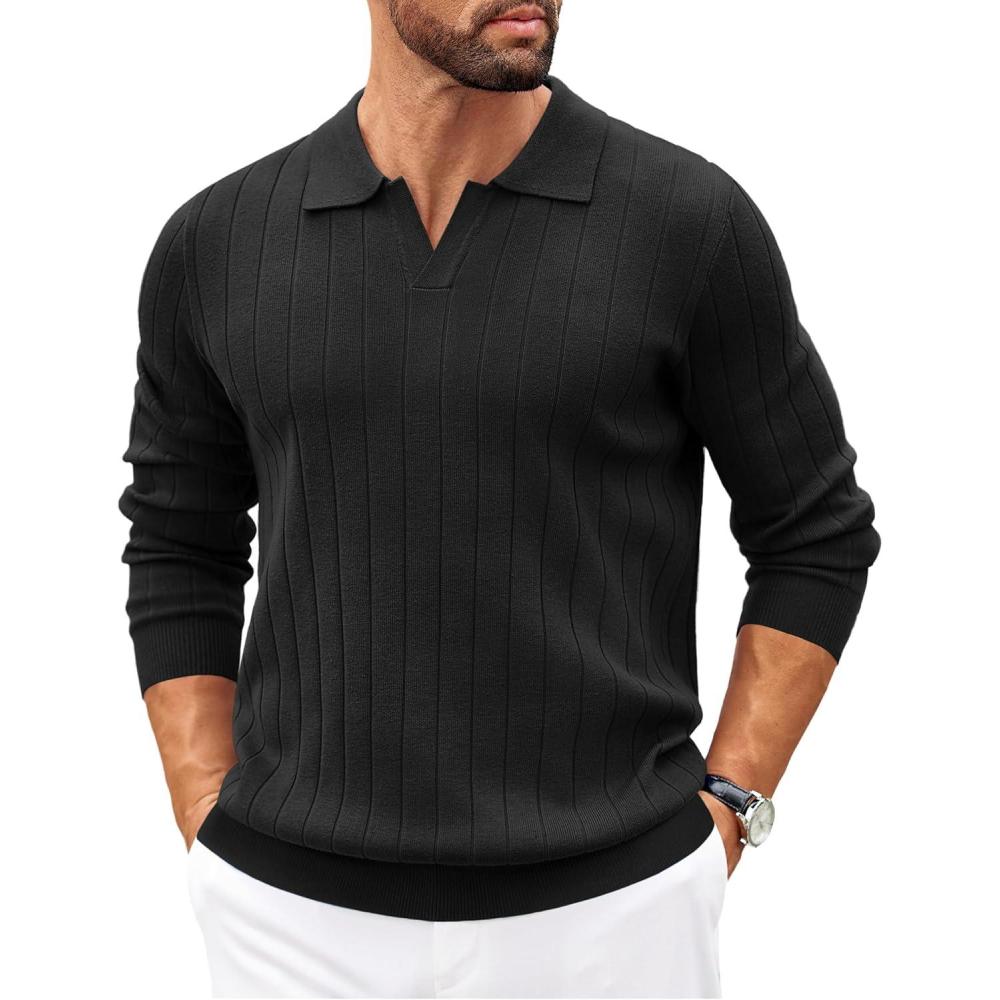 imageCOOFANDY Mens Sweaters Polos Long Sleeve V Neck Knit Polo Lightweight Casual Pullover SweaterBlack