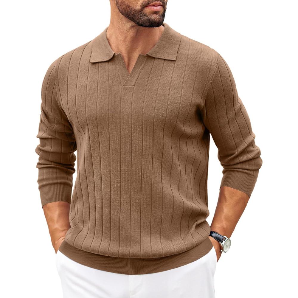 imageCOOFANDY Mens Sweaters Polos Long Sleeve V Neck Knit Polo Lightweight Casual Pullover SweaterBrown
