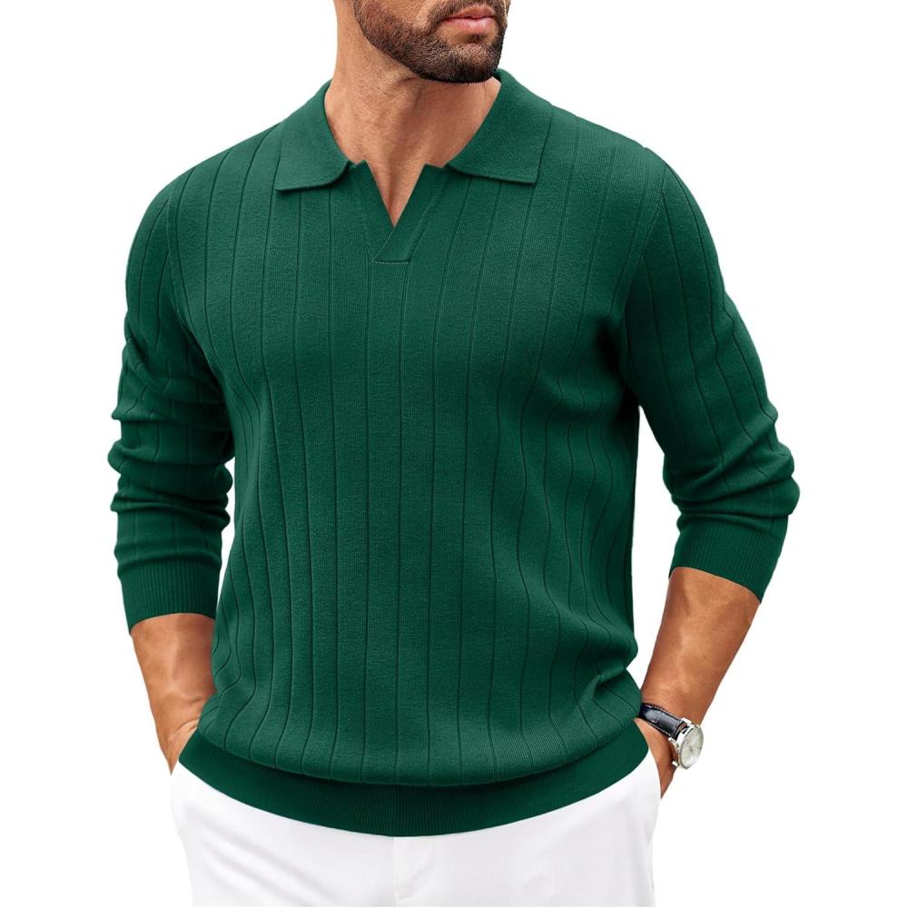 imageCOOFANDY Mens Sweaters Polos Long Sleeve V Neck Knit Polo Lightweight Casual Pullover SweaterDark Green
