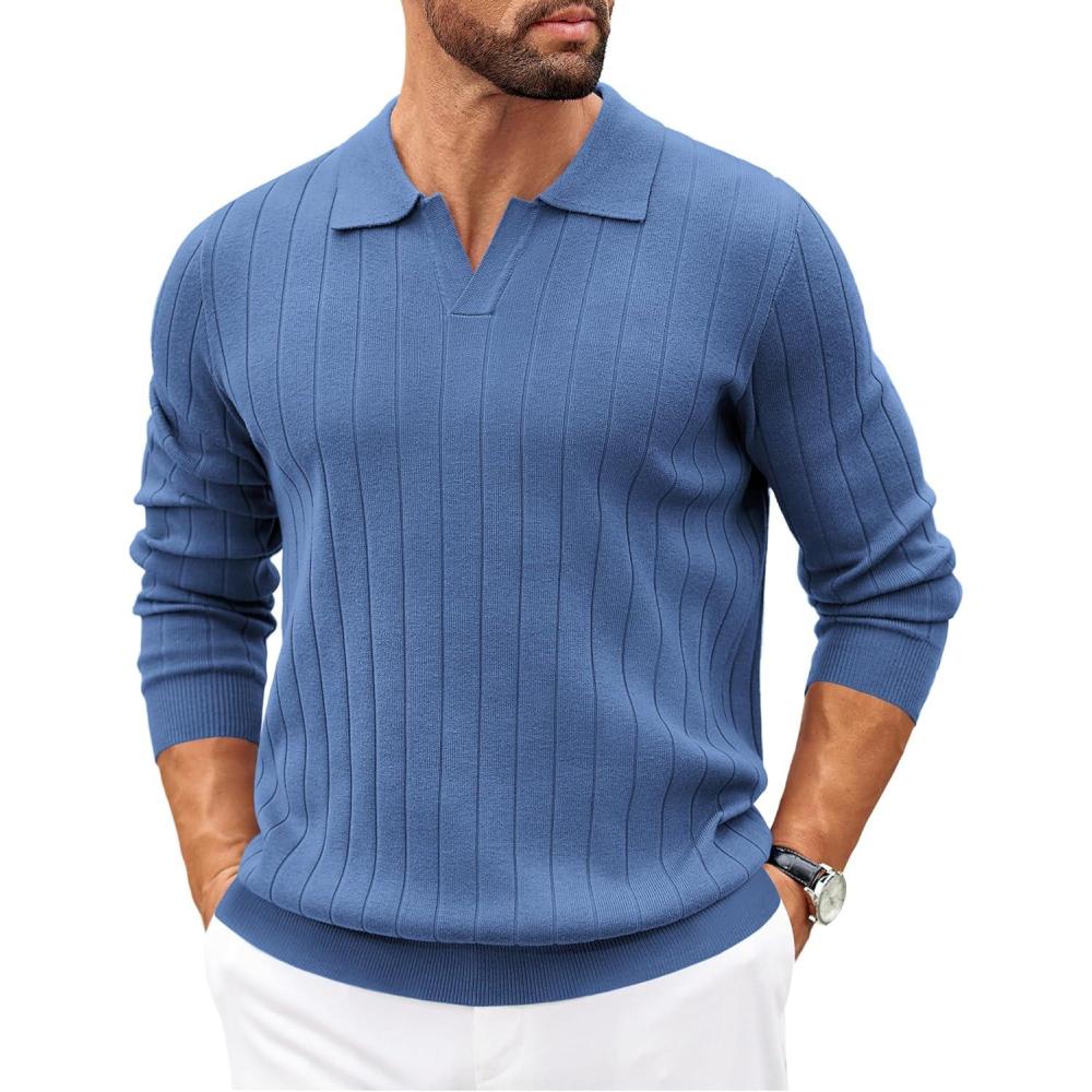 imageCOOFANDY Mens Sweaters Polos Long Sleeve V Neck Knit Polo Lightweight Casual Pullover SweaterDemin Blue