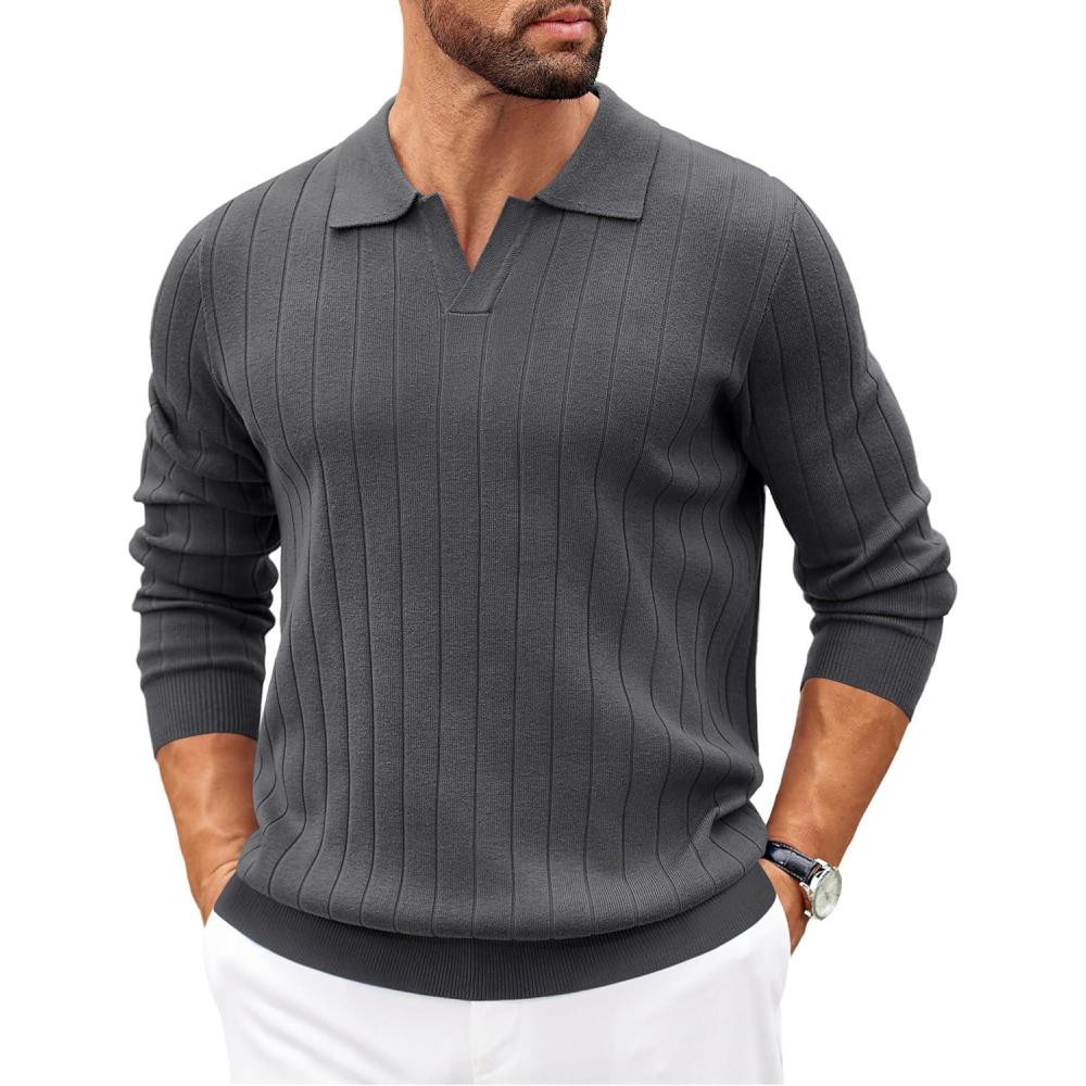 imageCOOFANDY Mens Sweaters Polos Long Sleeve V Neck Knit Polo Lightweight Casual Pullover SweaterGrey