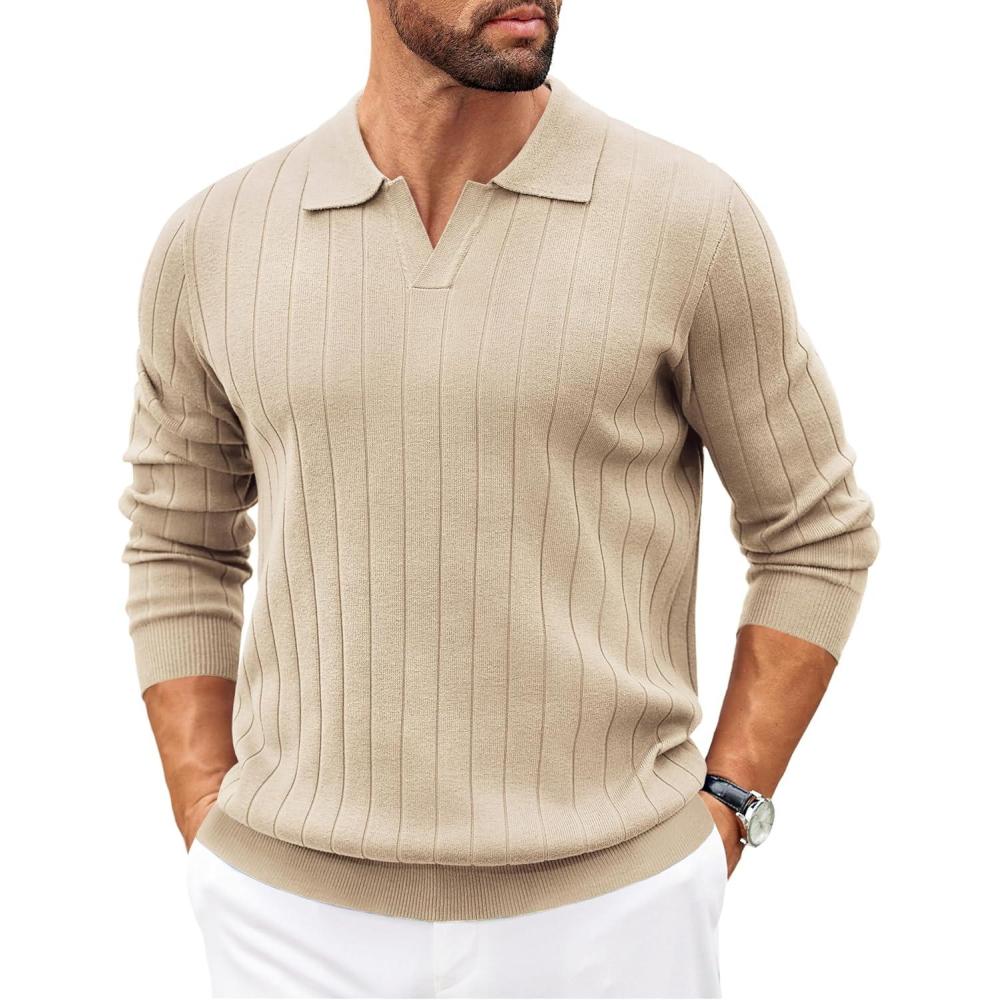 imageCOOFANDY Mens Sweaters Polos Long Sleeve V Neck Knit Polo Lightweight Casual Pullover SweaterKhaki