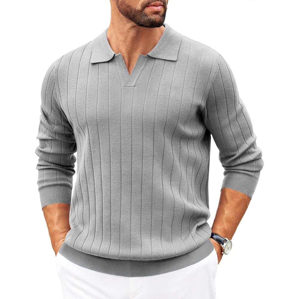 imageCOOFANDY Mens Sweaters Polos Long Sleeve V Neck Knit Polo Lightweight Casual Pullover SweaterLight Grey
