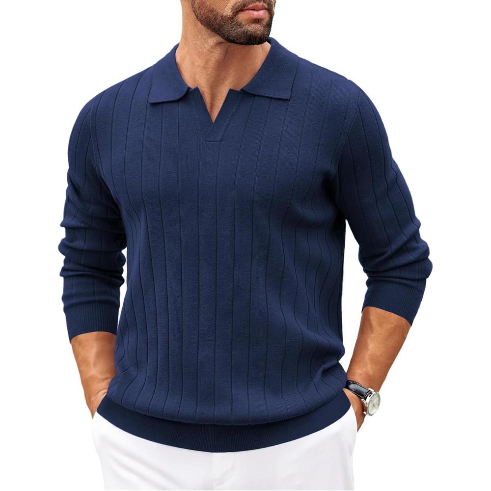 imageCOOFANDY Mens Sweaters Polos Long Sleeve V Neck Knit Polo Lightweight Casual Pullover SweaterNavy Blue