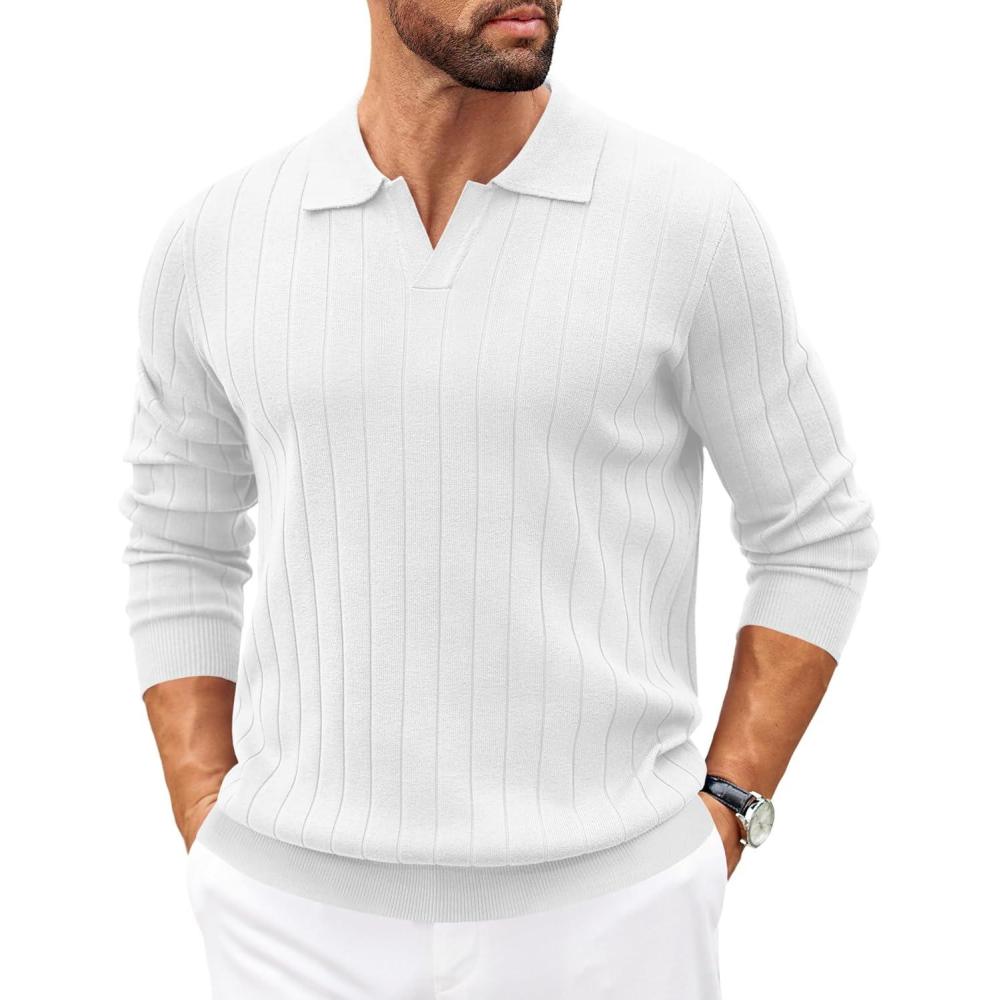 imageCOOFANDY Mens Sweaters Polos Long Sleeve V Neck Knit Polo Lightweight Casual Pullover SweaterWhite