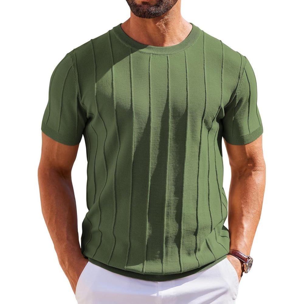 imageCOOFANDY Mens T Shirts Short Sleeve Knit Sweater Shirt Casual Crewneck Ribbed Pullover TeesArmy Green