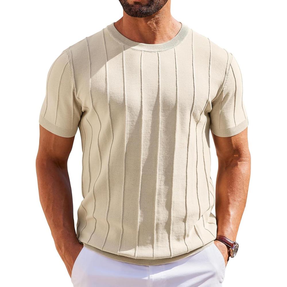imageCOOFANDY Mens T Shirts Short Sleeve Knit Sweater Shirt Casual Crewneck Ribbed Pullover TeesBeige