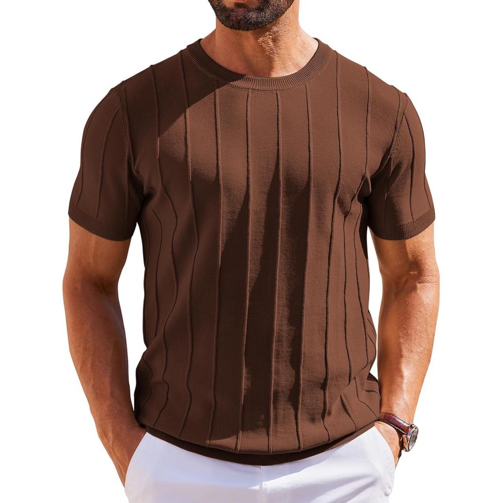 imageCOOFANDY Mens T Shirts Short Sleeve Knit Sweater Shirt Casual Crewneck Ribbed Pullover TeesBrown