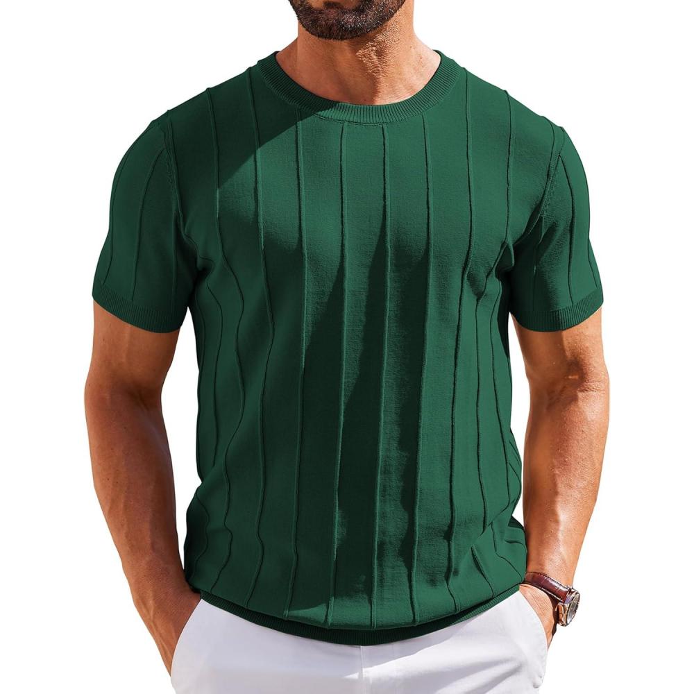 imageCOOFANDY Mens T Shirts Short Sleeve Knit Sweater Shirt Casual Crewneck Ribbed Pullover TeesDeep Green