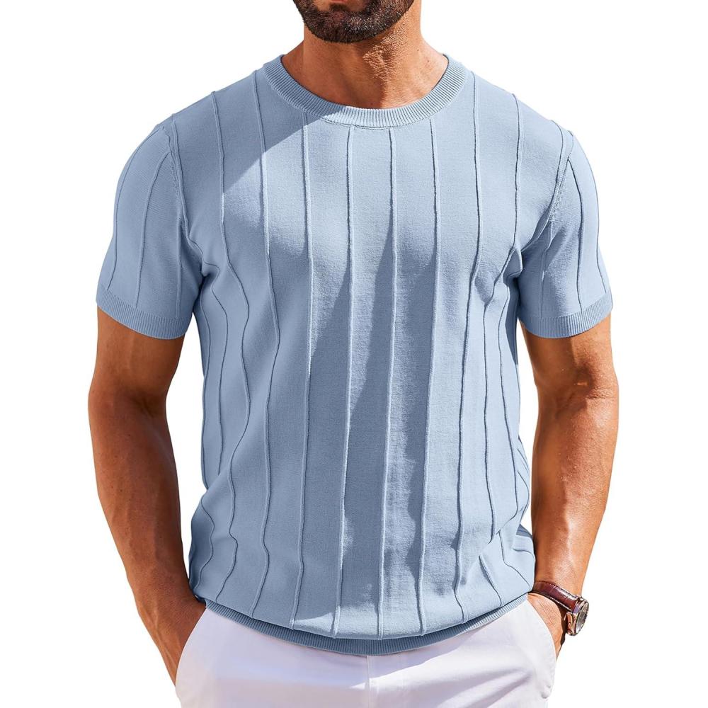imageCOOFANDY Mens T Shirts Short Sleeve Knit Sweater Shirt Casual Crewneck Ribbed Pullover TeesDenim Blue