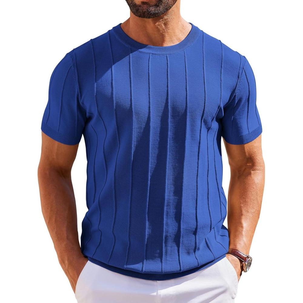 imageCOOFANDY Mens T Shirts Short Sleeve Knit Sweater Shirt Casual Crewneck Ribbed Pullover TeesKlein Blue